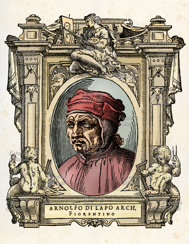 ARNOLFO DI CAMBIO (1232 o 1240 circa - 8 marzo 1302-1310 circa), noto anche come Arnolfo di Lapo, scultore, architetto e urbanista italiano attivo in particolare a Roma e a Firenze alla fine del Duecento e ai primi del secolo successivo. Il ritratto è racchiuso in una cornice decorata con putti che reggono gli strumenti dell\