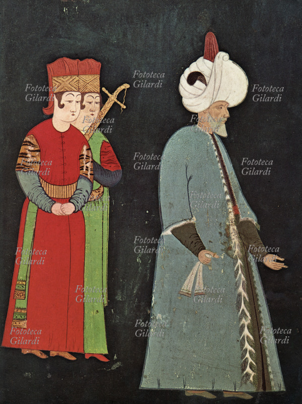 SOLIMANO I (1494-1566) detto il Magnifico in venerabile età, scortato da due guardie armate. Miniatura di R. Nigari, XVI secolo