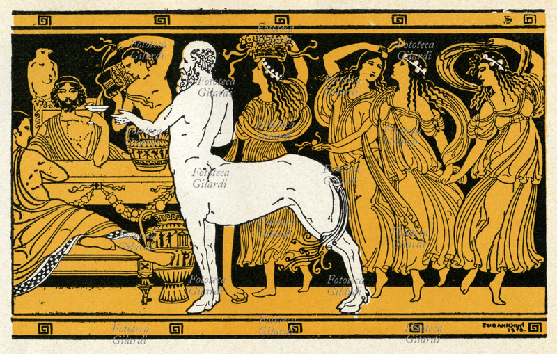 GUERRA DI TROIA Il centauro Chirone al banchetto. Tavola da "Storie della storia del mondo. Greche e barbare", di Laura Cantoni Orvieto (7 marzo 1876 – 9 maggio 1953), scrittrice italiana che fu parte attiva del dibattito letterario a partire dagli inizi del XX secolo, e seppe unire la sua capacità di sintesi divulgativa alla passione per i bambini attraverso la produzione di una serie di apprezzatissimi libri per l\