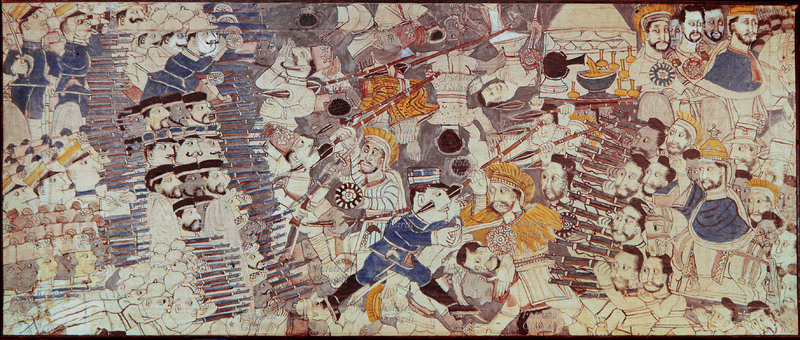 ETIOPIA La battaglia di Adua del 1896 in un dipinto di anonimo autore indigeno. Le truppe regolari italiane e gli ascari si battono sanguinosamente contro gli etiopici. L\