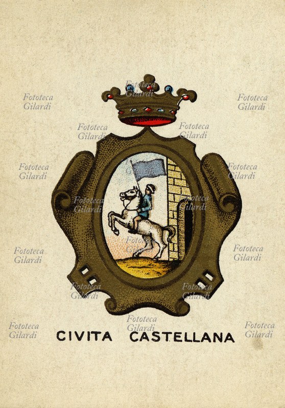 CIVITA CASTELLANA (Viterbo) La cittadina sorge sul luogo di Falerii Veteres, nome latino della città capoluogo dei Falisci, distrutta da Roma nel 241 a.C.. Scudo al naturale, al cavaliere su cavallo bianco rampante, impugnante con la destra una bandiera d\