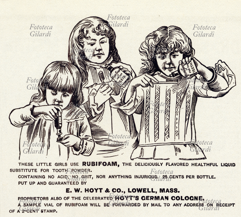 PUBBLICITÀ Tre bambine si lavano con entusiasmo i denti. Annuncio pubblicitario del 1890 ca. per il prodotto \