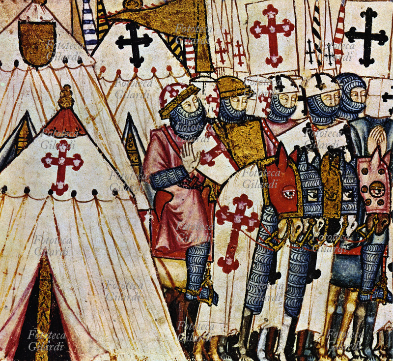 CRUSADES Crusader warriors, Knights Templar, fight against the Moors in the Iberian Peninsula. Miniature from \