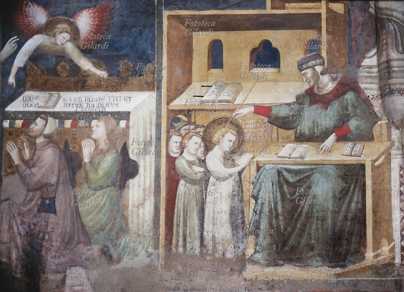 SAN NICOLA da Tolentino (1245 – 10 settembre 1305), al secolo Nicola di Compagnone, taumaturgo. Il pellegrinaggio dei genitori, Amata e Compagnone, alla tomba di San Nicola da Bari, che preannuncia loro la nascita del figlio; di fianco Nicola a scuola, interrogato dal maestro. Affresco dalle \