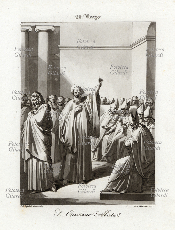 INSEGNAMENTO Eustasio di Luxeuil, o anche Eustachio (560 c.a. - 629), monaco e poi abate di regola colombaniana a Luxeuil (abbazia fondata da San Colombano); venerato come santo dalla Chiesa cattolica. Festa 29 marzo. Litografia di Filippo Bigioli (1798 -1878), incisore Giovanni Wenzel (1791-1880), Roma 1843