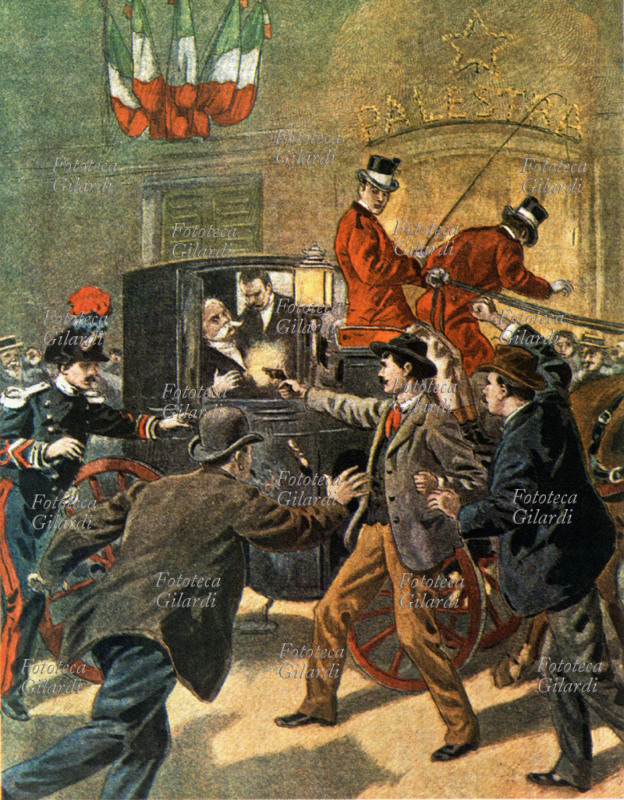 Umberto I of Italy. Murder of the king from the anarchist Gaetano Bresci to Monza, 1900. From “Petit Journal”, Paris.