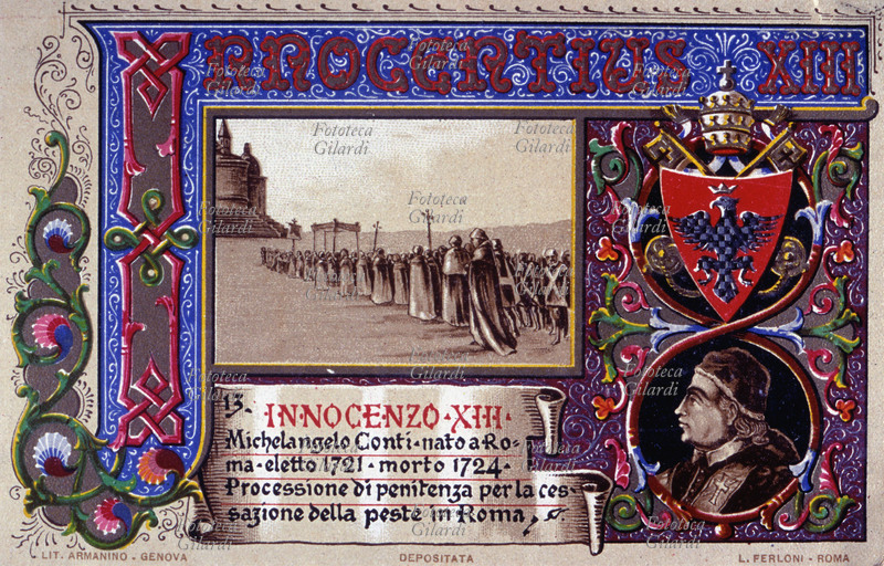 PAPA INNOCENZO XIII (1655-1724) al secolo Michelangelo dei Conti, nato a Roma, eletto nel 1721. Nel primo anno di pontificato, promosse una solenne processione di penitenza a Roma, affinché la Vergine intercedesse per far cessare la peste che ancora attanagliava Avignone ed altri luoghi. Cartolina cromolitografica n. 13 dalla \