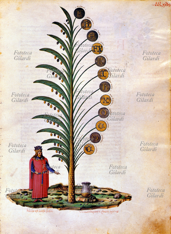 ALCHIMIA A significat hominem, B materiam idest urinam. Foglio miniato tratto da manoscritto del XV secolo che riunisce le opere alchemiche di Raimondo Lullo (Ramon Llull, 1235-1315) filosofo e teologo catalano