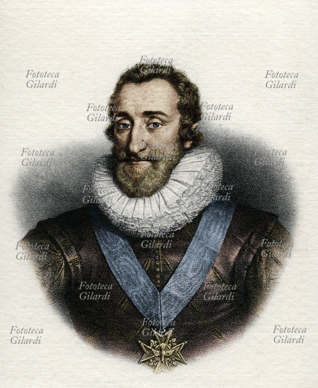 ENRICO IV di Francia (1553-1610). Figlio di Antonio di Borbone e di Giovanna III di Navarra fu battezzato, ma dopo la conversione materna allevato nel protestantesimo; quando succedette ad Enrico III nel 1589 come erede presuntivo al trono di Francia, dovette compiere atto di abiura per poter essere finalmente incoronato nel 1594. Protagonista della "Guerra dei tre Enrichi", in opposizione a Enrico di Guisa (al capo della Lega Cattolica) ed inizialmente a Enrico III di Francia, il quale però si alleò infine con lui per arginare il potere crescente dei Guisa, fu vincitore di numerose, decisive battaglie; nel 1598 promulgò l\