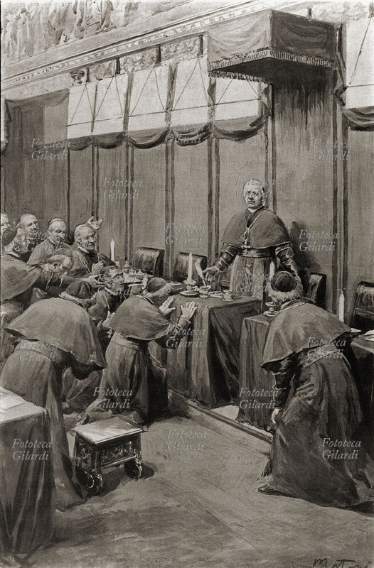 VATICANO Conclave: prima adorazione del nuovo Pontefice (Cardinale Giuseppe Sarto, Papa Pio X). Abbassamento dei tronetti nella sala del Conclave, 4 agosto 1903