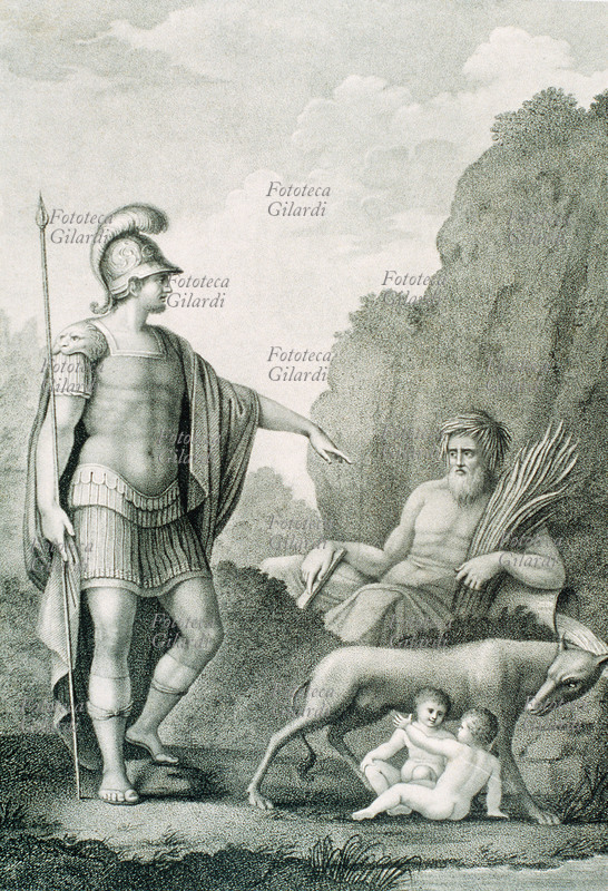 MITOLOGIA Allegoria di Roma: Marte con il fiume Tevere, Romolo, Remo allevati dalla lupa. Litografia dei primi anni del XIX secolo.