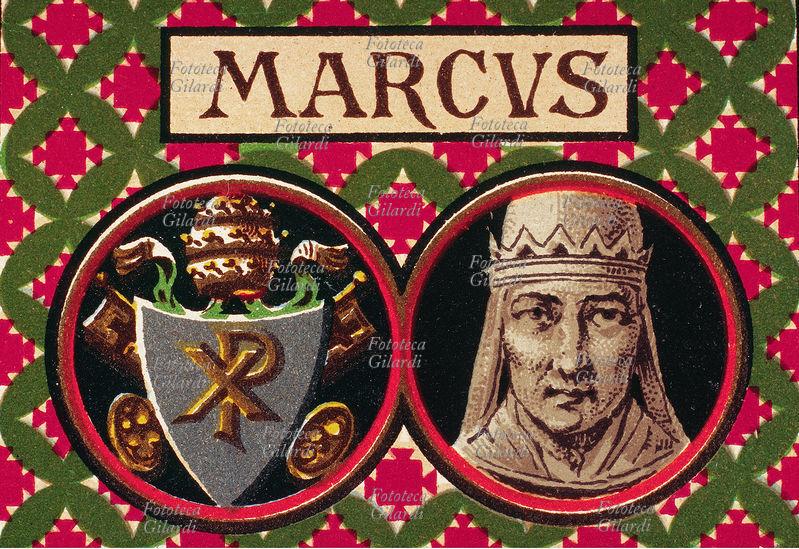 PAPA SAN MARCO (? - 336), nato a Roma, eletto nel 336, morto per cause naturali dopo aver governato la Chiesa per poco meno di nove mesi. Basilica di San Marco. Ritratto con stemma, dettaglio da una cartolina cromolitografica della \