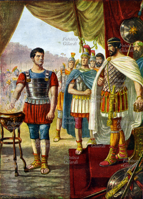 Mucius Scaevola Rome, 508 BC, the city was besieged by the Etruscans of Porsenna; according to legend the noble Muzio Cordo obtained permission of the Senate to groped a sortie solo to kill the leader, but for a trivial person failed intent error. Immediately caught to Etruscan declared: "I wanted to kill you. My hand was wrong and now I punish for this unforgivable mistake" ... "Muzio Scevola extended his arm over the brazier and looking proud Porsenna exclaimed: -Watch and know how Romans despise life- ", then stood motionless until the complete end-eat, and from that day he was told" scevola "(the left-handed). Then fooled Porsenna, impressed by his brave conduct, saying that 299 other Roman, animated by his own determination, had sworn to kill him and would attempt the enterprise, one by one, after him. Porsenna resolved to start peace negotiations with the Romans. Illustration of Tancredi Scarpelli (1866-1937) for the "History of Italy" told the people from the historic Italian Professor Paolo Emiliani Giudici (1812-1872). Vol. 1 "Rome - The Roman Empire", publishing house G. Nerbini, Florence, 1929-1933