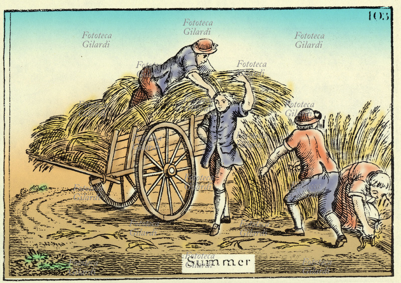 STAGIONI Estate: la mietitura del grano, si caricano sul carro i fastelli del raccolto. Incisione Bowles & Carrer, Londra XVIII secolo.