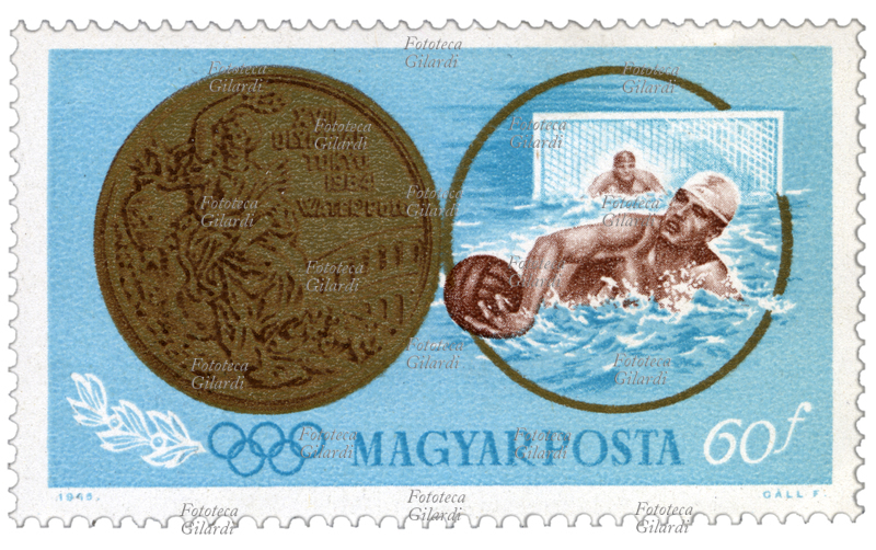 PALLANUOTO Francobollo della serie "Giochi olimpici estivi 1964 - Tokyo (II)" emessa dalle poste magiare per commemorare le vittorie degli atleti ungheresi nelle XVIII Olimpiadi di Tokyo del 1964. Nella vignetta la medaglia d\