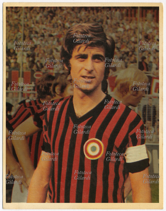 Gianni RIVERA (18 August 1943) Italian footballer, portrayed wearing the AC Milan shirt, in a sticker from around 1970.