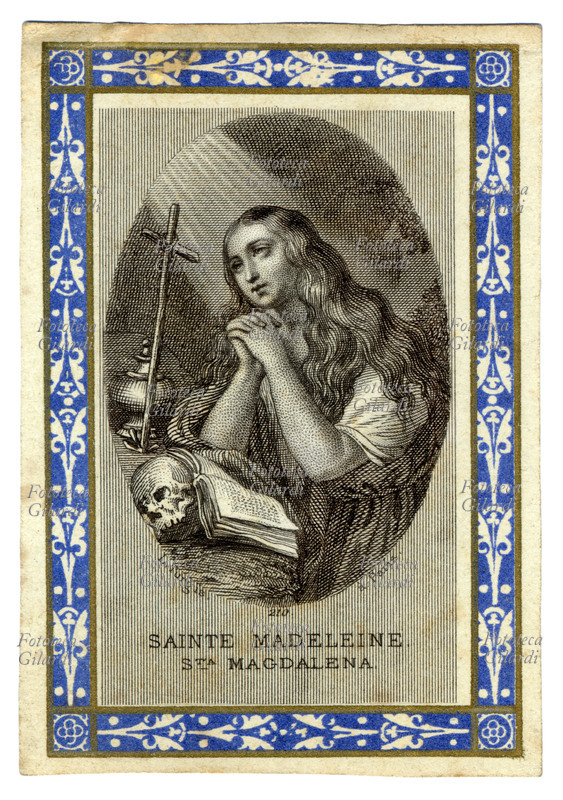 SANTA MARIA MADDALENA la Santa è raffigurata in penitenza in preghiera davanti alla croce e alla coppa, con il libro aperto sorretto da un teschio. Incisione di L. Turgis, Parigi 1870 circa