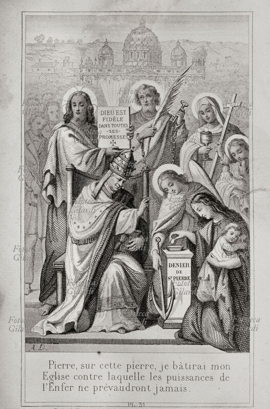 SAN PIETRO Davanti alla basilica di San Pietro in Roma sono raffigurati: un Papa in trono, Gesù Cristo con una lapide con iscrizione \