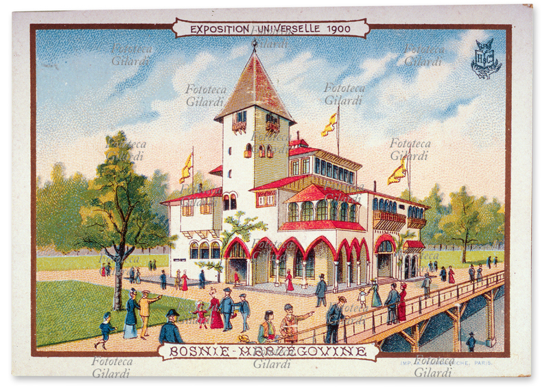 ESPOSIZIONE Universale 1900, Bosnia Erzegovina; padiglione che rappresenta la nazione in fiera. Da una serie di piccole cromolitografie dedicate a ciascuno dei padiglioni dell\