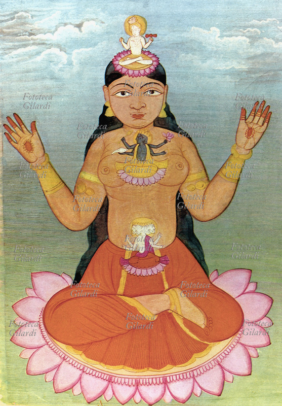 INDIA miniatura da un libro Sacro raffigurante la dea o forza cosmica che si esprime in tutto ciò che esiste. Nel corpo della dea sono raffigurati dal basso in alto le divinità: Brahma, Visnu e Siva.