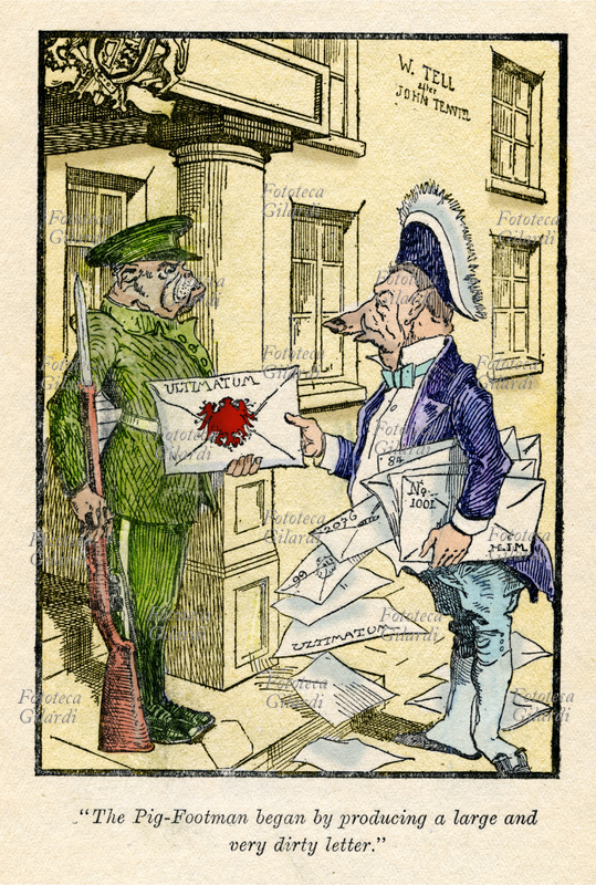 CARICATURA "The Pig-Footman began by producing a large and very dirty letter.". Un Valletto-Porcello in feluca e marsina, in luogo del Valletto-Pesce, porge al Valletto-Mastino di guardia in divisa la grande busta dell\