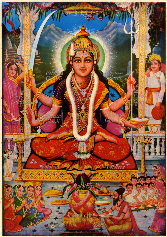 INDIA Stampa popolare raffigurante la divinità della religione induista Durga, È una forma di Devi, la Madre Divina, è l\