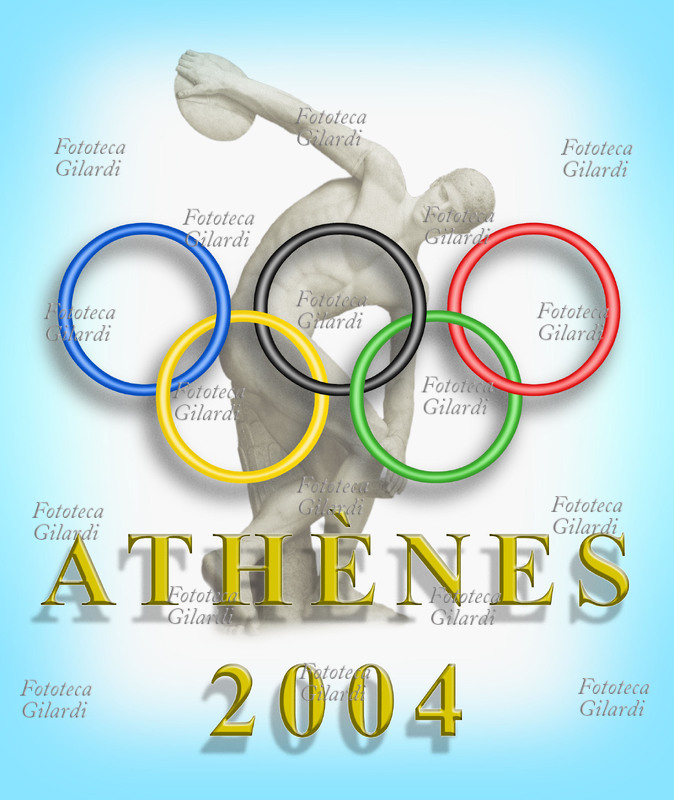 OLIMPIADI Athénes 2004 I due emblemi delle Olimipiadi : il Discobolo e i 5 anelli intrecciati. Il simbolo della competizione sportiva mondiale moderna è stato il Discobolo fino alle Olimpiadi di Anversa nel 1920 quando furono adottati i 5 anelli intecciati che simboleggiano i 5 continenti: blu Europa, giallo Asia, nero Africa, verde Oceania, rosso America. (edizione francese) Atene 2004