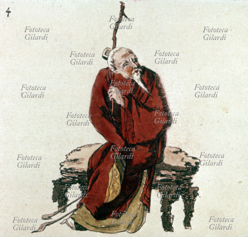 LAO TZU (sec. VI-V a.C.), filosofo cinese, tra i fondatori della dottrina filosofica e religiosa detta "taoismo". Secondo una diffusa tradizione, sarebbe stato fra i maestri di Confucio. Gli è attribuita la composizione del Tao Te Ching, il Libro della Via e della Virtù. Antica stampa cinese.