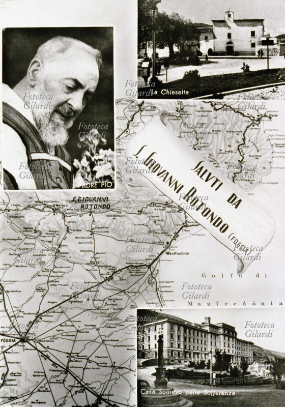 PADRE PIO da Pietrelcina (25 maggio 1887 – 23 settembre 1968), al secolo Francesco Forgione; in una composizione allegorica sono assemblati una cartina d\