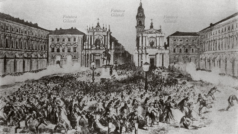 TORINO manifestazione di protesta a piazza San Carlo contro il trasferimento della capitale a Firenze. Il 15 settembre 1864 era stata firmata a Fontainebleau la cosiddetta \