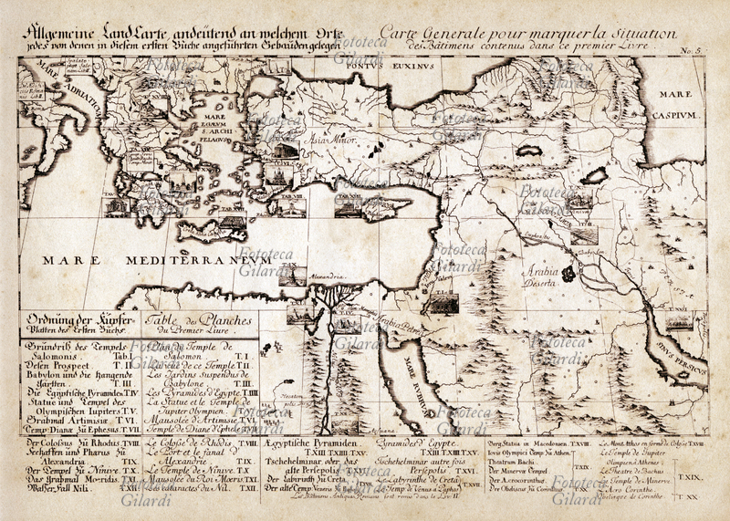 CARTOGRAFIA Mappa del Mediterraneo del XVIII secolo che evidenzia i luoghi dove si trovano "Le sette Meraviglie del Mondo", esaminate insieme a numerosi altri mirabili edifici nelle tavole del primo libro: il Tempio di Salomone, i Giardini pensili di Babilonia, le piramidi d\