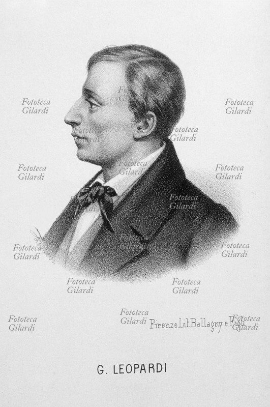 Giacomo LEOPARDI (29 giugno 1798 – 14 giugno 1837), poeta, filosofo, scrittore e filologo italiano, ritratto di profilo. Lo straordinario poeta soffrì per tutta la vita di una serie di malattie ed infermità dovute al suo fisico cagionevole, all\