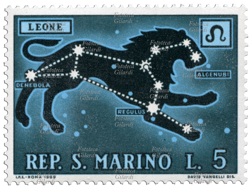 ZODIACO Costellazione del Leone, raffigurazione con il simbolo astrologico e le stelle principali Regulus, Algenubi, Denebola. Francobollo di una serie emessa dalle Poste sammarinesi rappresentante i segni dello Zodiaco. Disegno di David Vangelli (7 maggio 1959), tipo di stampa: fotoincisione, valore nominale L. 5. Repubblica di San Marino, emissione 18 febbraio 1970