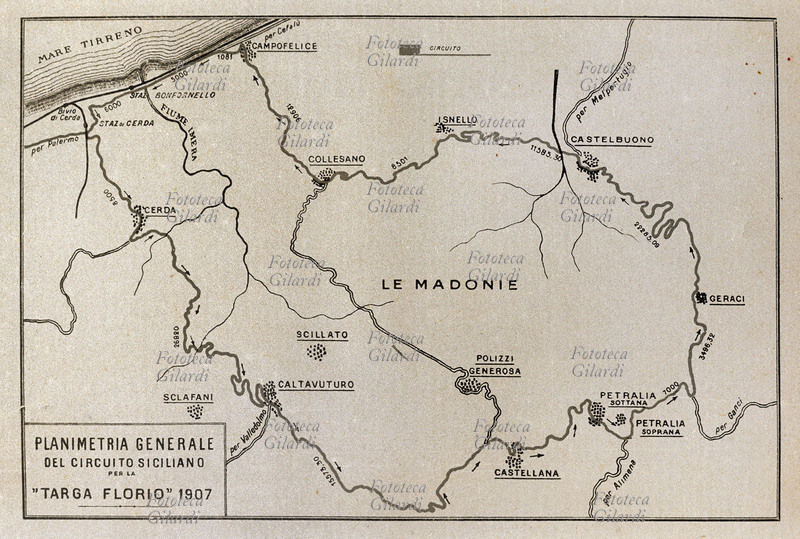 AUTOMOBILISM Map of the second Targa Florio circuit in 1907. The Grande Madonie circuit, for a total of 148.823 km, starting from Contrada Pistavecchia (Campofelice di Roccella) and continuing the route: Cerda Paese, Caltavuturo, Castellana, Petralia Sottana, Petralia Soprana, Geraci, Castelbuono, Isnello, Collesano, to return to Contrada Pistavecchia (Campofelice di Roccella). The circuit was used for the first six editions of the race, from 1906 to 1911 inclusive, and a seventh time in 1931. Italy, 1907