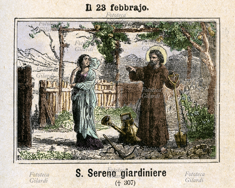 San SERENO (? - 307), martire. Cristiano di origine greca, per sfuggire alle persecuzioni si trasferì nei pressi di Sirmio in Pannonia (attuale Serbia) dove mantenne una vita discreta e riservata, coltivando il suo orto in solitudine. Secondo la tradizione, una sera una giovane nobildonna entrò nel suo orto, e alla domanda del santo rispose che era lì semplicemente per passeggiare; l\