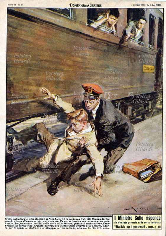 CRONACA "Eroico salvataggio. Alla stazione di Novi Ligure è in partenza il diretto Genova -Torino quando giunge di corsa un giovane studente. Fa per saltare su una carrozza, ma cade a terra. Sta per essere travolto dalle ruote della vettura, quando il capostazione Mario Fossati (in servizio ad Arquata Scrivia) con rischio della propria vita accorre, afferra per le spalle lo studente e lo strappa, per un secondo, alla morte". Nello strillo: Il Ministro Sullo risponde alla domanda proposta dalla nostra inchiesta \