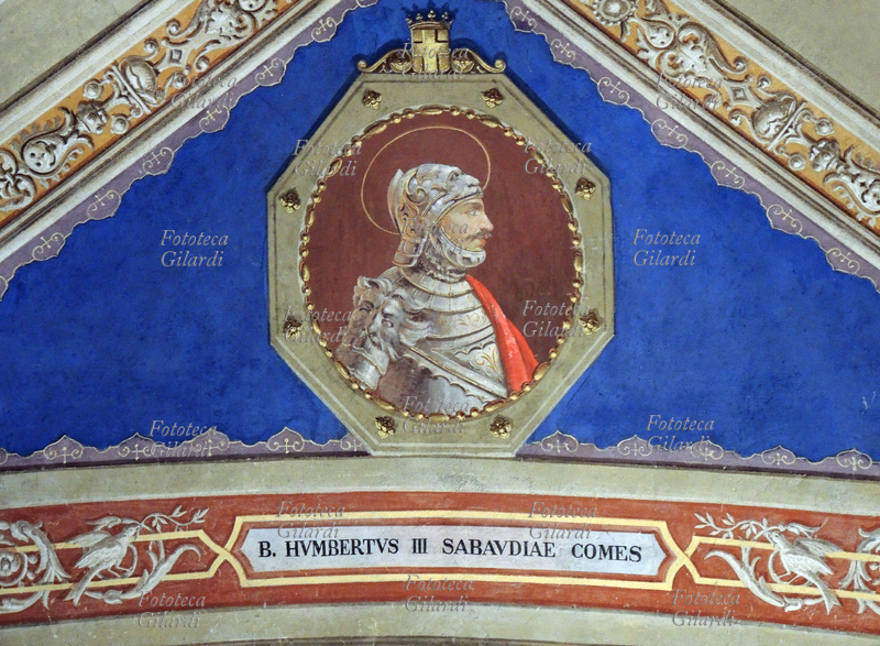 UMBERTO III of Savoy called the Blessed (4 August 1136 - 4 March 1189), Count of Savoy and Count of Aosta and Moriana from 1148. Son of Amedeo III, he succeeded him to the throne with the title of Umberto III. His figure became legendary over the centuries, especially due to the fervent faith to which he was attached, which earned him the beatification in 1838 by Gregory XVI with recurrence on 4 March (Dies Natalis, birth to heaven). Fresco in a small vault of the side aisle of the Basilica of San Michele Maggiore in Pavia, after the restoration of the 19th century