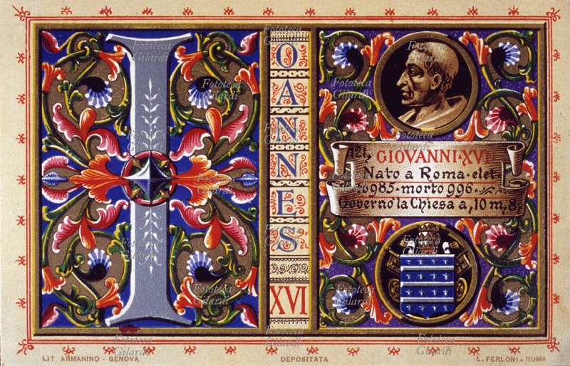 PAPA GIOVANNI XVI nato a Roma, eletto nel 985, morto nel 996. Governò la Chiesa per 10 anni e 8 mesi. Da serie cromolitografica dedicata a Papa Pio X e da Lui benedetta. Roma, 1903