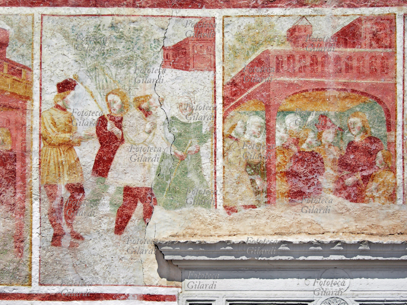 MEDIOEVO Pellegrini al seguito di San Giacomo. Dettaglio a sinistra dal frammento di affresco \