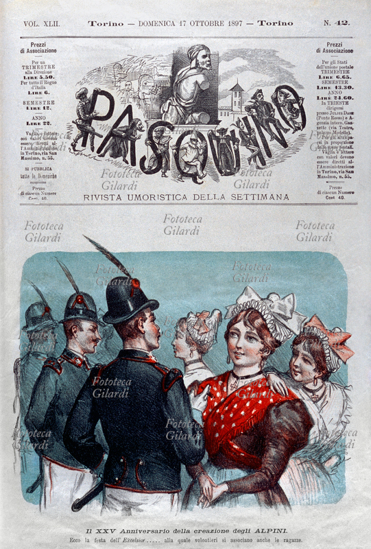 ALPINI "Il XXV Anniversario della creazione degli Alpini." Tre baldi giovani in divisa si intrattengono con altrettante graziose signorine: "Ecco la festa dell\