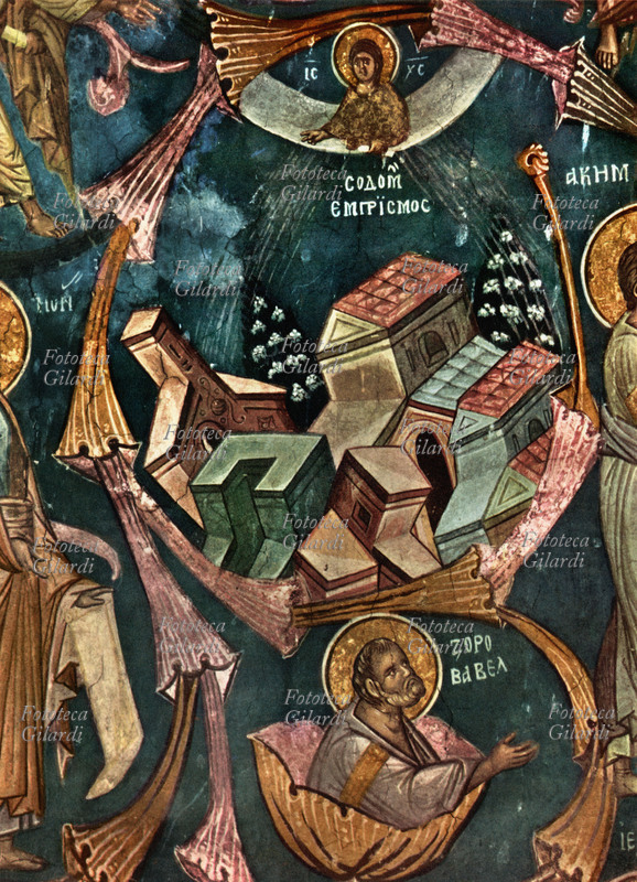 BIBBIA La distruzione di Sodoma colpita dal fulmine Divino. Dettaglio di affresco yugoslavo di anonimo del 1335 circa