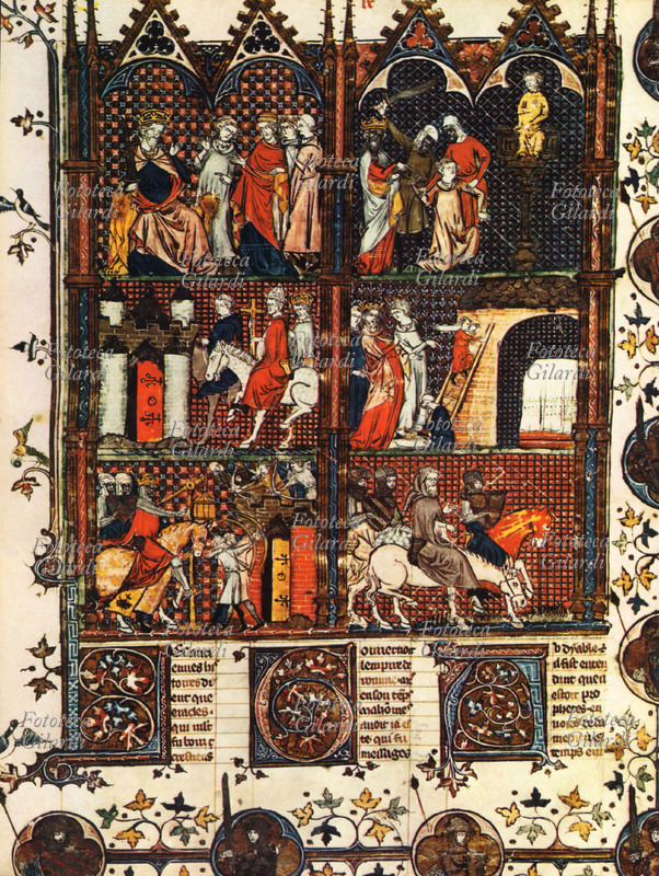 CROCIATE Scene della vita di Goffredo di Buglione (1060 circa – 18 luglio 1100): dalla sua partenza per la prima crociata alla liberazione di Gerusalemme. Miniatura dal \