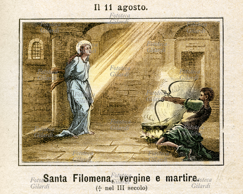 SANTA FILOMENA (291 circa -304) Immagine devozionale raffigurante la Santa Martire vissuta in epoca paleocristiana, con i simboli del suo martirio: flagello, frecce, ancora e giglio. Si narra che di lei, principessa di Corfù, si invaghì l\