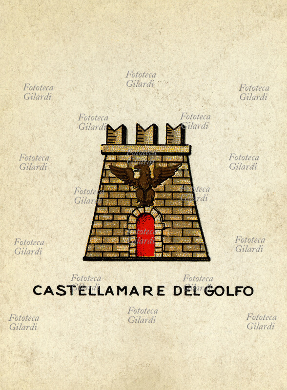 CASTELLAMARE DEL GOLFO (Trapani) Town located in the gulf of the same name, arranged in a checkerboard pattern on a plane sloping towards the sea; it occupies the area of the ancient port of Segesta. Golden tower, walled in black, closed in red, crenellated in the Ghibelline style with three battlements, charged with a natural eagle, clawing at the top of the round arch of the door. Chromolithograph, Edition A. Brioschi & C., Milan, circa 1935.