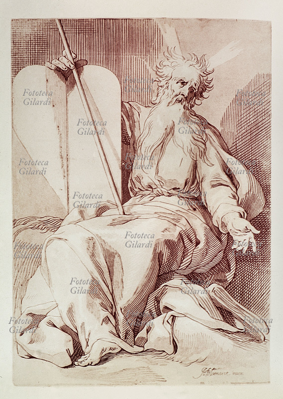 BIBBIA Mosè con le Tavole della Legge, nella stessa mano regge anche il bastone dei miracoli. Incisione in chiaroscuro del pittore olandese Abraham Bloemaert (25 dicembre 1564 – 27 gennaio 1651)