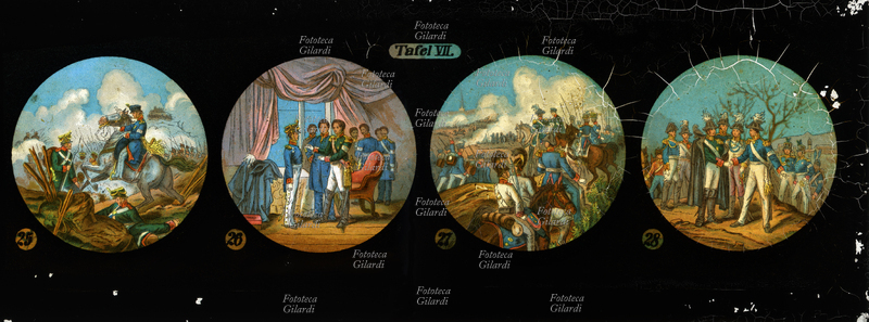 HISTORY OF CINEMA four rounds with war scenes in the Napoleonic era. Window sticker for magic lantern, 19th century.