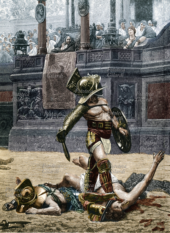 GLADIATORI raffigurazione di un dettaglio del dipinto "Pollice verso" realizzato nel 1872 da Jean-Léon Gérôme, che mostra un combattimento di gladiatori al Colosseo nell\