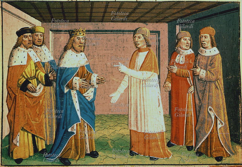 CARLO MAGNO sconfitti i Longobardi si incontra con Papa Adriano I°a Roma. Miniatura dall\