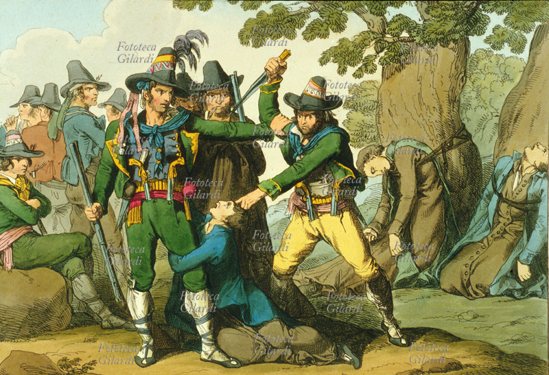 BRIGANTI Una banda di briganti ha assalito, legato ed ammazzato un gruppo di giovani prelati. Ad uno di loro, implorante in ginocchio, viene risparmiata la vita. Litografia di Bartolomeo Pinelli (20 novembre 1781 – 1° aprile 1835), Italia XIX secolo.
