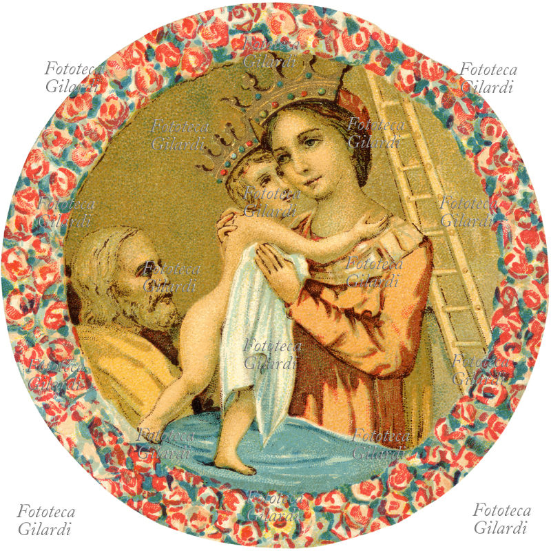 SACRA FAMIGLIA Maria Vergine e Gesù Bambino sono raffigurati incoronati. Immagine devozionale in uno strano formato tondo, cromolitografia, 1900 ca.